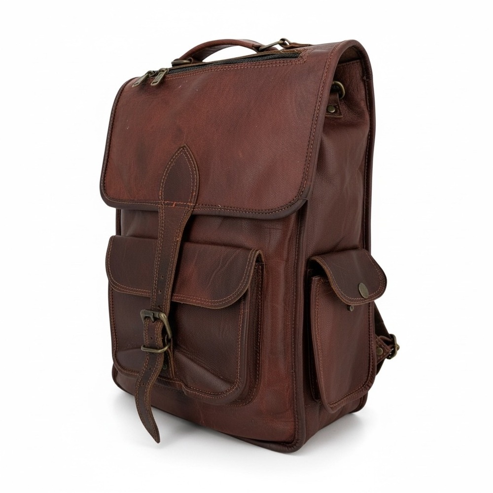 Oklahoma Brown Distressed Leather Backpack Rucksack Messenger Bag with Pockets